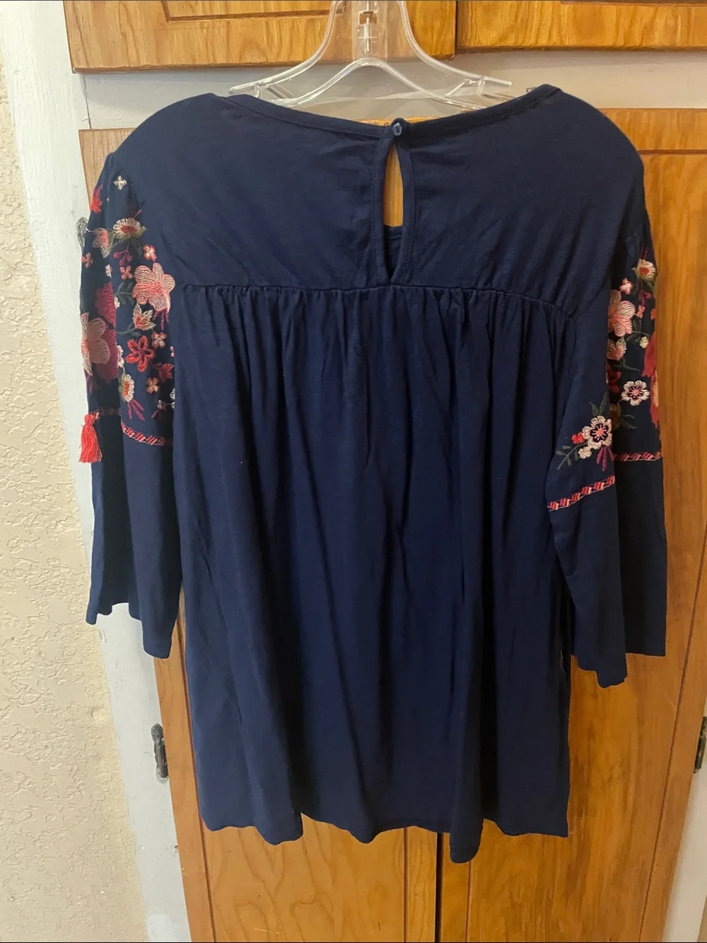 St. John's Bay Navy Tunic with Pink Floral Embroidery - Picture 4 of 7